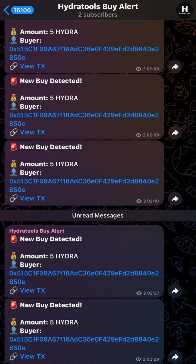 We just launched a Buy alert channel on Hydra chain. 

Track all buys coming from https: Hydra Dex 

Channel - t.me/hydratoolsbuya…

Other features coming soon and channel - 
🚨New token creation alert 
🚨Whales buy and trasfer alert

Join hydratools - t.me/Hydratoolss