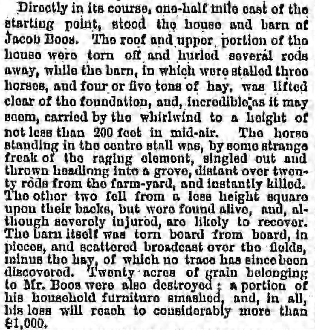 July 3, 1873:

A tornado (possibly of F4 intensity) destroyed several farms in Hancock County, Illinois. From a distance, witnesses initially thought the tornado was smoke from a fire. A child was killed after being carried 500 yards; 10 other people were injured.

#wxhistory