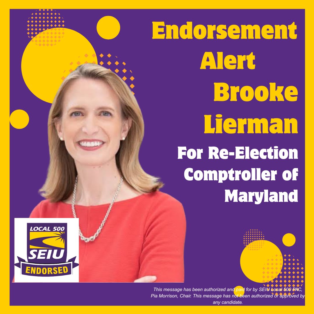 SEIU500's tweet image. 🚨ENDORSEMENT ALERT🚨:
SEIU Local 500 is in support and endorses @BrookeELierman for re-election as @MDComptroller #StrongerTogether