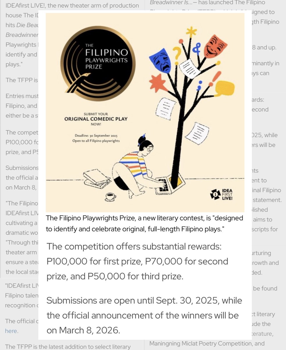Designed to identify and celebrate original, full-length Filipino plays, The Filipino Playwrights Prize offers substantial rewards: P100,000 for first prize, P70,000 for second prize, and P50,000 for third prize.

Submissions are open until Sept. 30, 2025!

Check out the Official