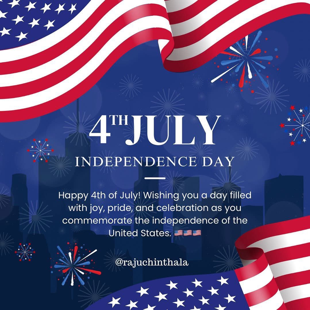 Wishing you a joyful and proud Fourth of July! 🇺🇸
May your day be filled with celebration, togetherness, and gratitude for the freedom we are blessed with.

Happy Independence Day!
#GodBlessAmerica #Freedom #July4thCelebration