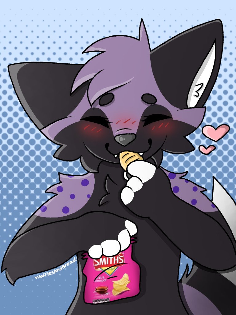 WafflesAndBread's tweet image. Attack on @ZeePurpleFox !! And she is eating smiths chippies >w< ngl the salt and vinegar flavour is bussin fr 🔥🔥