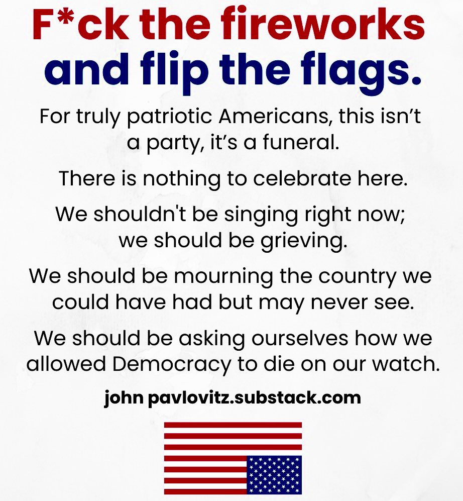 BigBlueWaveUSA's tweet image. This Independence Day is NOT a Happy 4th.
The billionaires, the Republicans and Trump have just severely crippled Americans, the #RuleOfLaw and democracy with the #BigUglyBill.
President Trump is creating the disastrous emergency he needs to declare Martial Law. #RIPAmerica