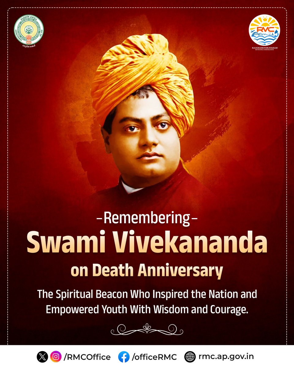 RMCoffice's tweet photo. Remembering Swami Vivekananda on his death anniversary—the spiritual beacon who awakened a nation and empowered youth. His words still ignite minds worldwide. 🙏 

@Prasanthi_IAS 

#SwamiVivekananda #YouthInspiration #India #WorldPhilosophy #GlobalWisdom #RMC #Rajahmundry https://t.co/mDXaPs8lW8