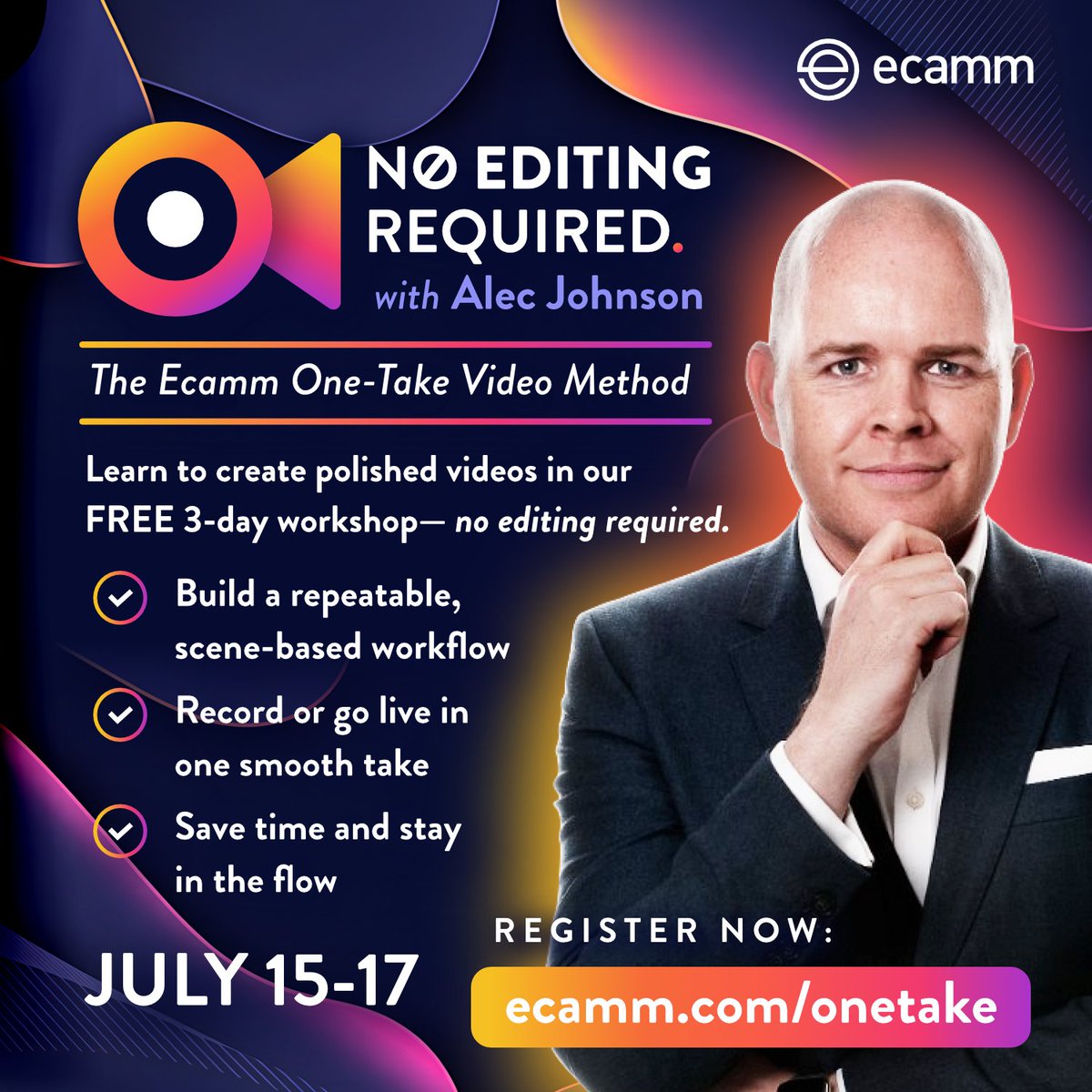 I’m partnering with Ecamm to run a brand new live workshop that could change the way you create content.

It’s called 'No Editing Required - The Ecamm One-Take Video Method', and it’s happening July 15–18—completely FREE to attend.

Find out more here: ecamm.com/onetake/