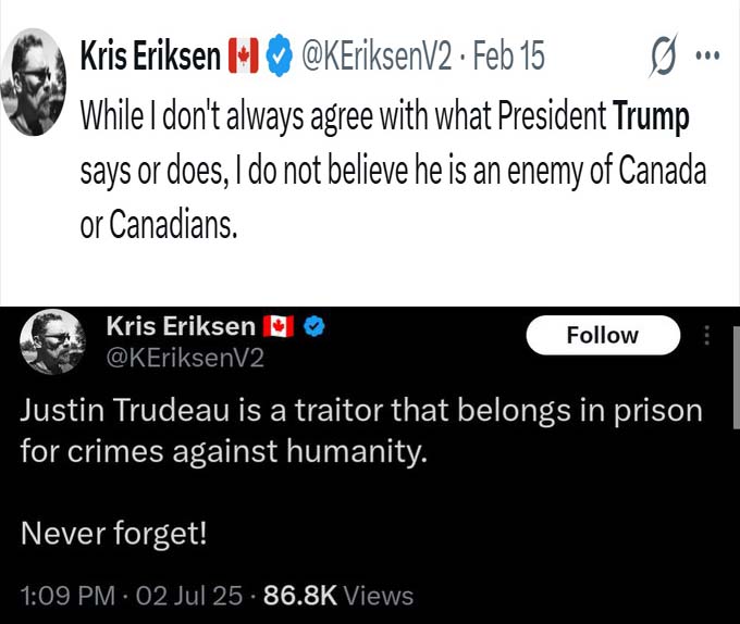 theREALGTLem 林 家 聰 🇨🇦 (@gtlem) on Twitter photo . <a href="/KEriksenV2/">Kris Eriksen 🇨🇦</a> today posts that Justin Trudeau belongs in jail
Yet at the same time KEriksenV2 is a supporter of Donald Trump who is a CONVICTED FELON . <a href="/KEriksenV2/">Kris Eriksen 🇨🇦</a> today posts that Justin Trudeau belongs in jail
Yet at the same time KEriksenV2 is a supporter of Donald Trump who is a CONVICTED FELON