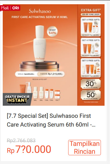 Brand Flash Sale Diskon 70% Setiap Hari
🕛 12:00 | 4 Jul

[Rp700.000, stok 10]
Sulwhasoo Serum VI 60ml (7.7)
s.shopee.co.id/708rZEc3yK
