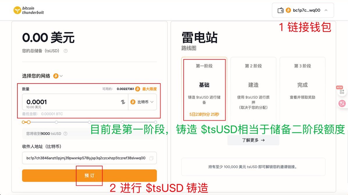 oooooyoung's tweet photo. Polychain领投1200w美刀的 @nubit_org 的雷电网络主网开了

之前也提过，今年BTC的几个新机会里，Nubit推动的比特币基础层软分叉的Bitcoin Thunderbolt雷电网络，是重点关注之一，毕竟是汇丰银行都官方通告过的BTC技术升级        

目前是第1阶段，开放Mint $tsUSD ，教程如下👇
（1阶段还有6天截止）

1️⃣ 进入 https://t.co/UxolfyQLwC 并链接钱包

2️⃣ 铸造完 $tsUSD ，相当于会保留二阶段的存款上限

3️⃣ 有推荐机制，mint价值115刀左右的，过3个块之后会有邀请链接          

————————————

目前支持铸造 $tsUSD 的资产有：

- BTC，USD1 (比特币 Thunderbolt)
- BTC (比特币)
- ORDI (BRC-20)，DOG (符文)
- USD1 (BNB 链)          

翻了下文档，Thunderbolt Station 一共三个阶段：

- 阶段 1，铸造 $tsUSD 进行预留
$tsUSD 代表你在阶段 2 中可存入的最大金额。你铸造的越多，可存入的就越多。

- 阶段 2 — 使用铸造的 $tsUSD 存入资产 (BTC/USD1，最高可达你的上限) 以最大化站点收益。

阶段 3 — 可根据质押的资产，领取每日收益

————————————

整体看了下，玩法上应该相当于质押挖矿的机制，越早期越有优势，且有邀请机制，后期可能会fomo