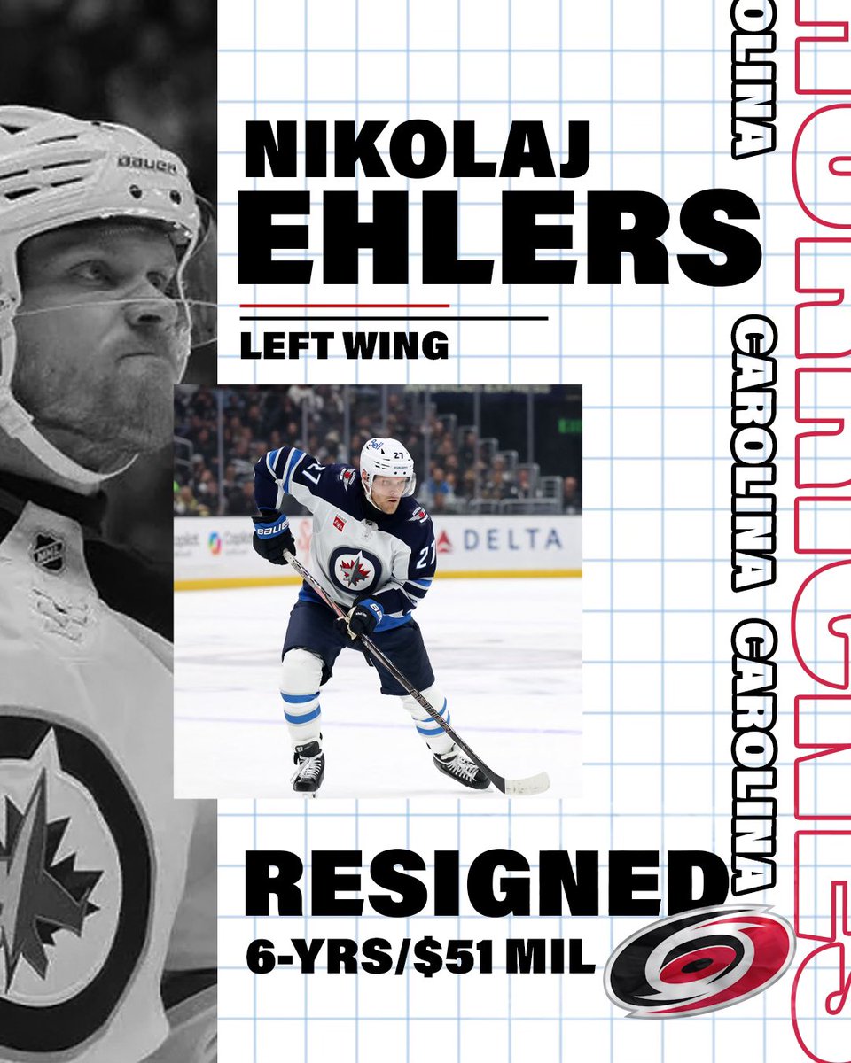 #nhlfreeagency CONTINUES:
• Brent Burns is leaves the #canes and heading out west to the #avalanche 
• Cody Glass will stay with the #devils after being traded at the deadline last season from the #pens 
• Nikolaj Ehlers is heading from the #jets to the #canes on a 6-year deal