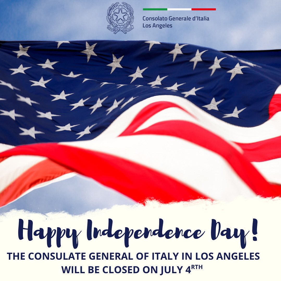 The Consulate General of Italy in Los Angeles will be closed Friday, July 4rth.
For emergency situations we can always be reached on our emergency cell. at +1 (310) 433-5422.
We wish you all a happy and safe holiday!🇺🇸