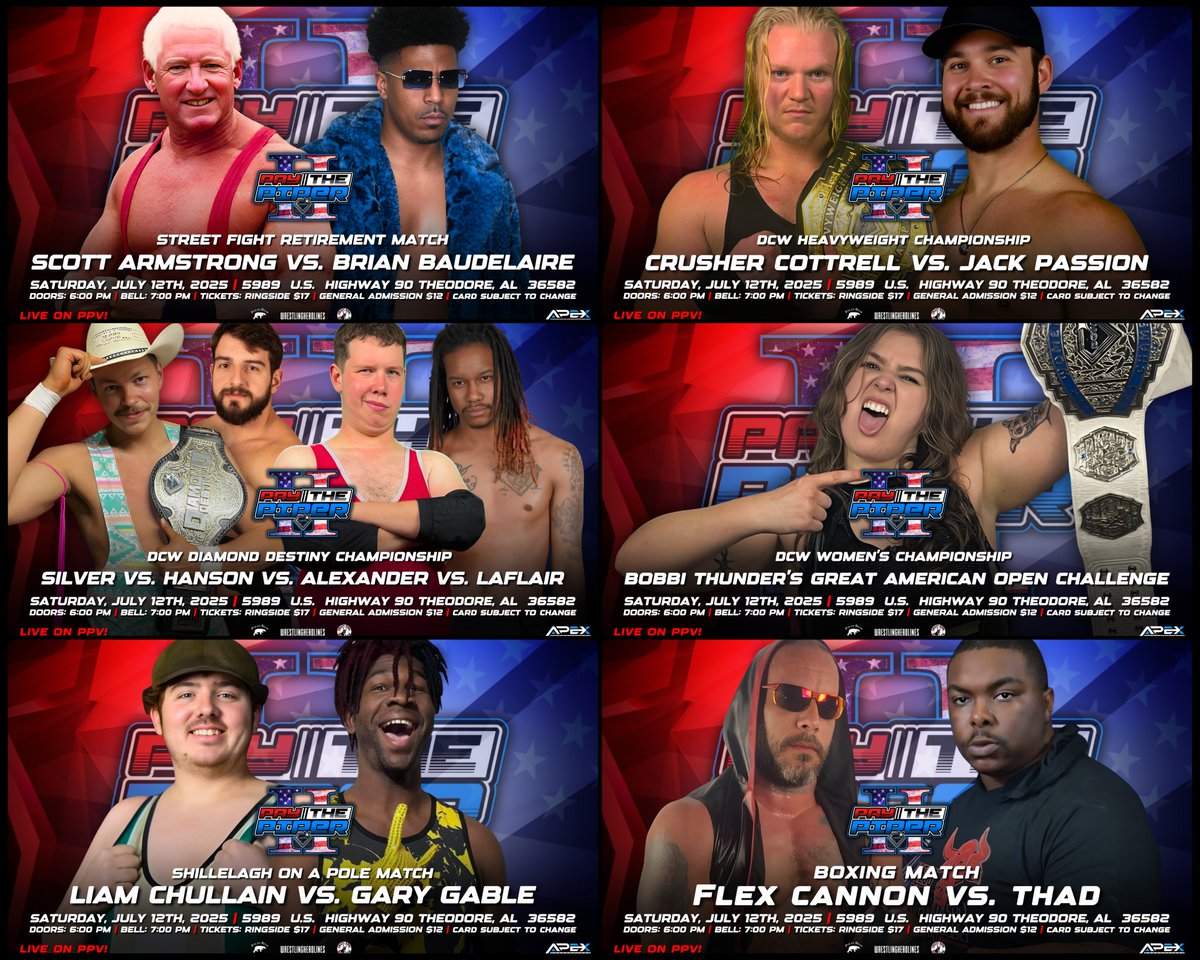 💎 CARD REVEAL 💎

DCW: Pay the Piper 2 streaming LIVE on PPV via Apex Media on Saturday, July 12th!

Tickets and PPV stream: linktr.ee/diamondchampio…