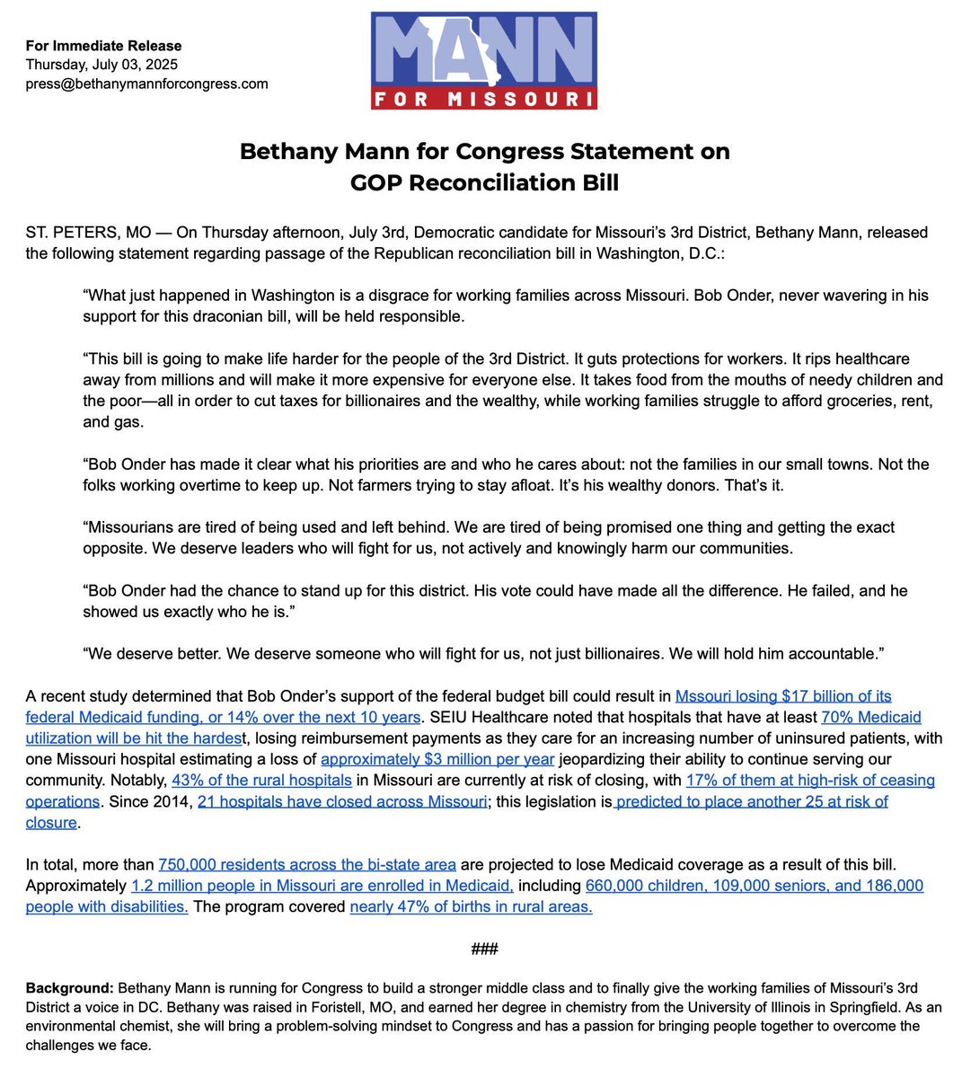 Mann4Congress's tweet image. Politicians in D.C. like @BobOnderMO have made it clear who they care about: not the families in our small towns, folks working overtime to keep up, or the farmers trying to stay afloat.
It’s billionaires. That’s it.