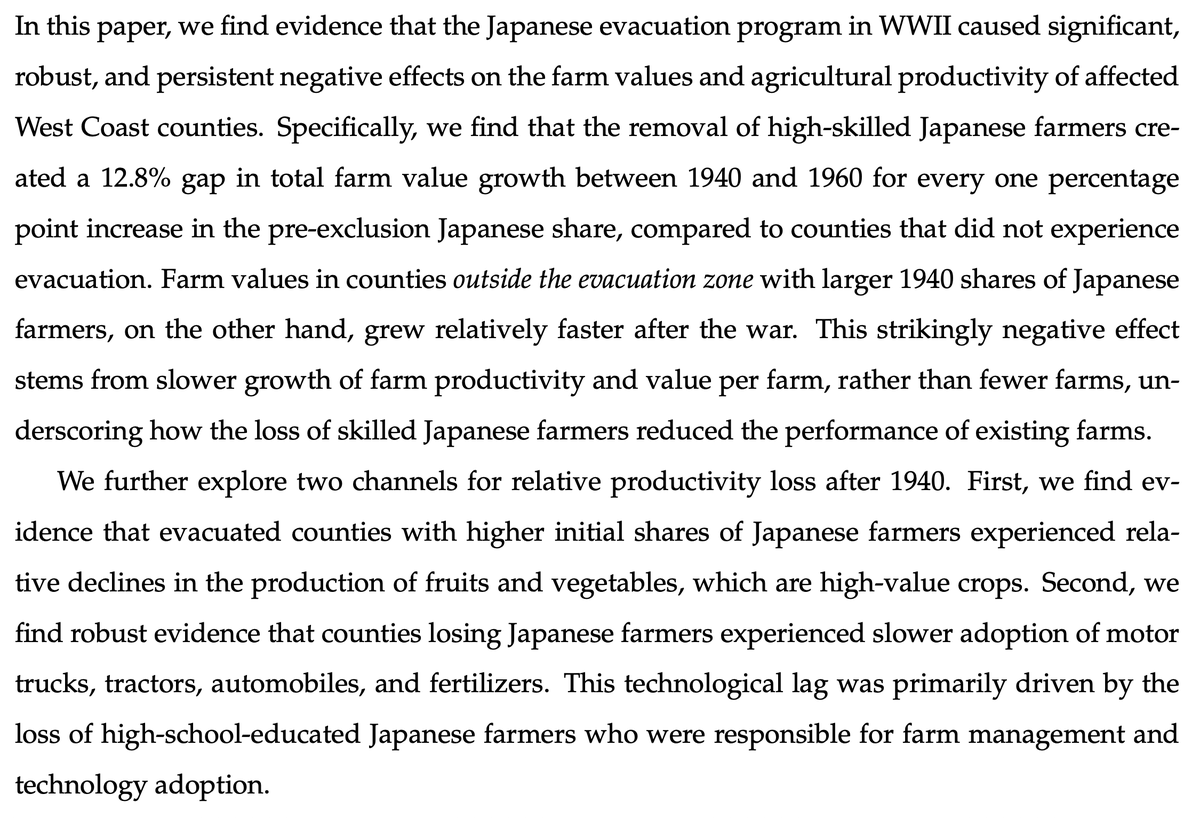 Cleaning out my NBER tabs: In the 1940s, Japanese exclusion removed tens of thousands of relatively educated and sophisticated workers from the California fields. Farm values and employment suffered dramatically as a result. nber.org/papers/w33971