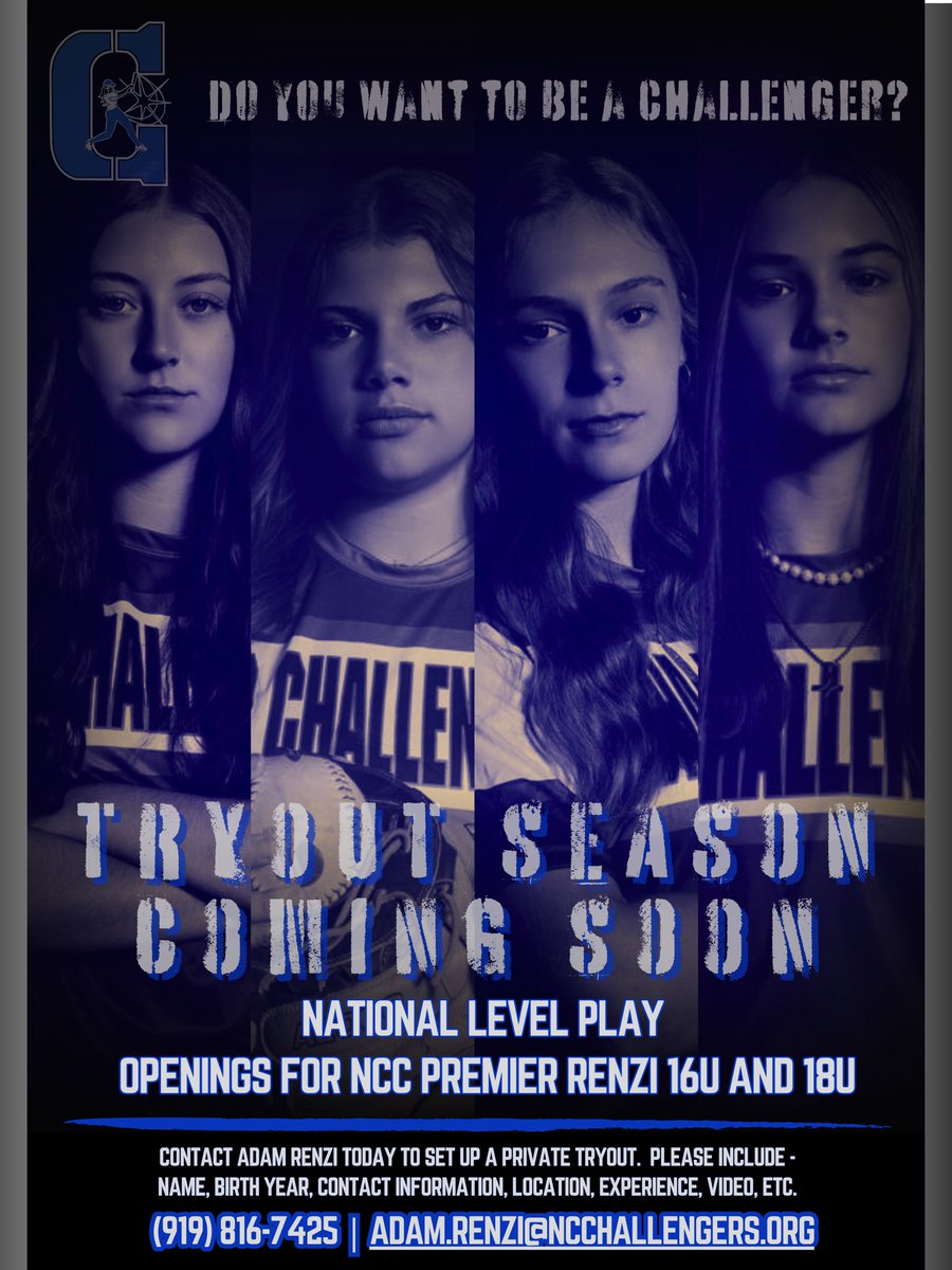 NC Challengers 18U and 16U Premier teams are offering private tryout sessions ahead of organizational and regional tryouts to be announced soon. Tryout information is below and at ncchallengers.org