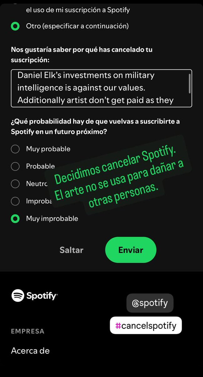 JohnnyHabanero's tweet image. Decidimos dejar Spotify.
No apoyamos una plataforma que usa el arte para financiar daño.
@Spotify  #BoycottSpotify #FairPayForArtists #MovedToTidal #Tidal  #EthicalStreaming  #CancelSpotify
