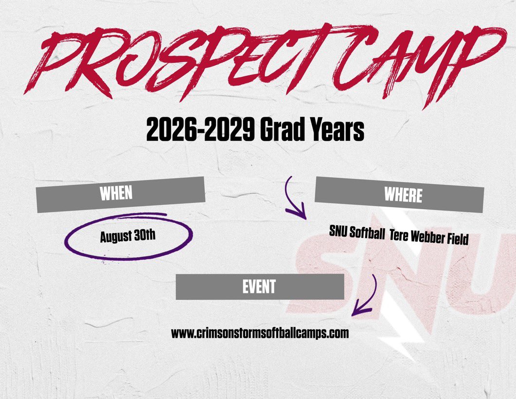SNU Softball (@snusoftball) on Twitter photo ๐ฅ SNU Softball Prospect Camp ๐ฅ
๐
August 30th (Saturday of Labor Day Weekend)
๐ 11:00 AM โ 3:00 PM
๐ Tere Webber Field | SNU Softball Facility
๐ Open to 2026โ2029 Grad Years
๐ฐ $99 Registration
โก๏ธ Register now at: crimsonstormsoftballcamps.com
Come build with the Storm!
2024 ๐ฅ SNU Softball Prospect Camp ๐ฅ
๐
August 30th (Saturday of Labor Day Weekend)
๐ 11:00 AM โ 3:00 PM
๐ Tere Webber Field | SNU Softball Facility
๐ Open to 2026โ2029 Grad Years
๐ฐ $99 Registration
โก๏ธ Register now at: crimsonstormsoftballcamps.com
Come build with the Storm!
2024