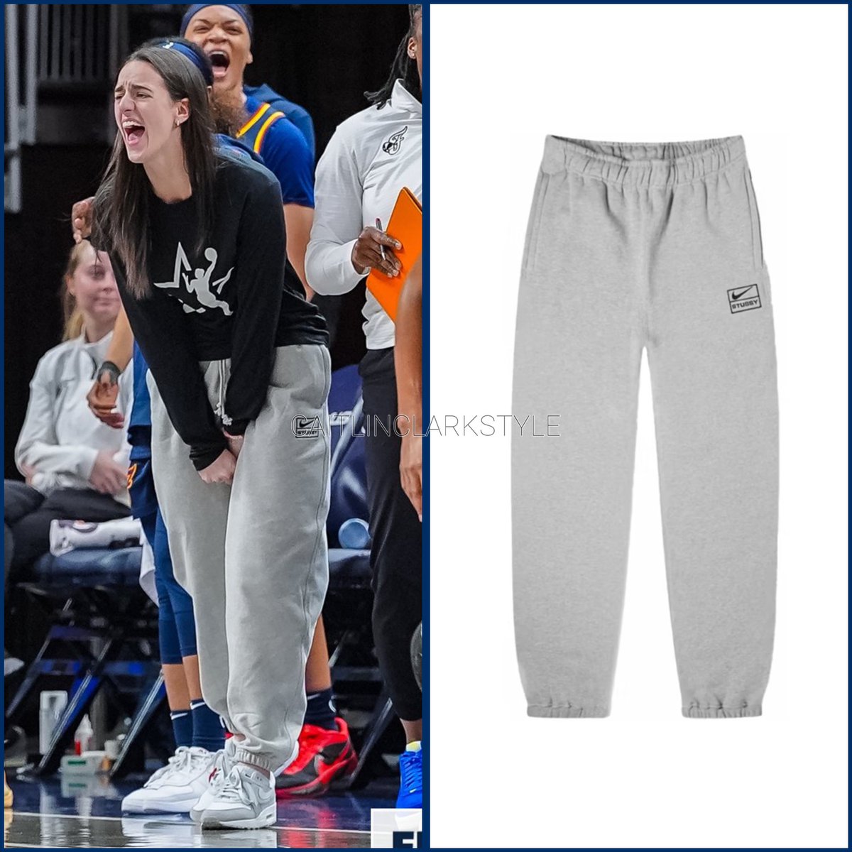 caitlinclarksty's tweet photo. July 3, 2025: @CaitlinClark22 at Fever vs Aces | Indianapolis, Indiana | wearing @Nike x @Stussy Fleece Sweatpants. Shop: resale starts at $119 https://t.co/8ACBK5aOHZ #StockPartner

CC courtside in grey Stüssy collab sweats. She’s worn the matching zip-up in the past too! https://t.co/cSz3Sakz0k