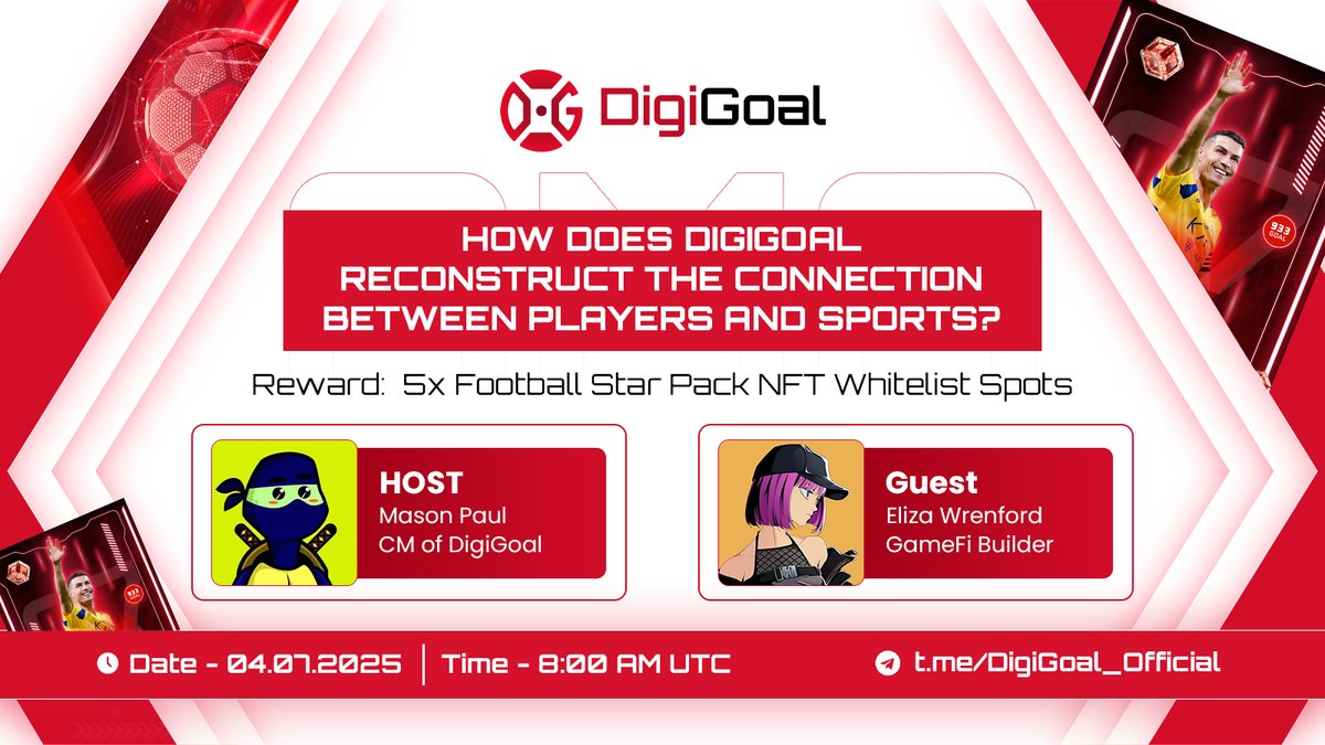 ⚽️ #AMA – Rebuilding the Player-Sport Connection!

👾 Guest: Eliza Wrenford
📅 Date: July 4, 2025 | 🕗 8AM UTC
📍 Join us: t.me/DigiGoal_Offic…

🎁 Rewards: 
5x Football Star Pack NFT Whitelist Spots

Discover how #DigiGoal is transforming sports through Web3, AI &amp; #GameFi!