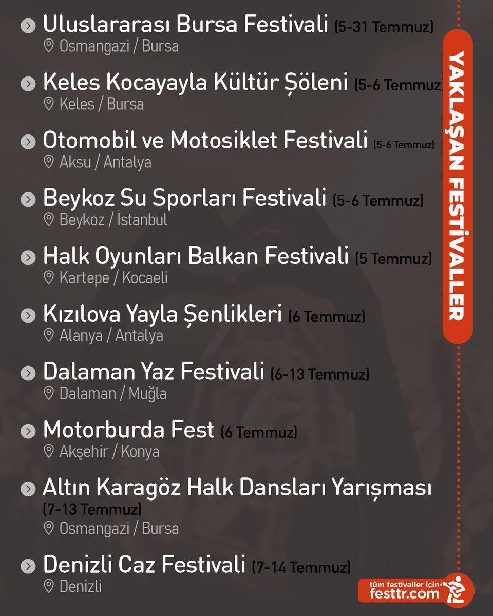 Yaklaşan festivallerin listesi 🗓️ Post'u faydalı bulduysan beğenmeyi unutma ❤️

Tüm festivaller için festtr.com