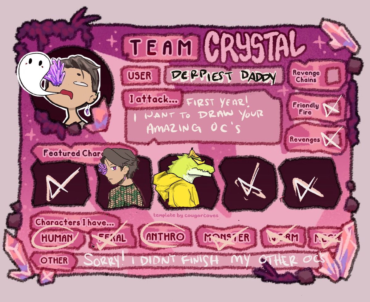 I don’t have a whole bunch of free time due to work but I want to draw all these amazing OC’s I have been seeing. It will be great practice to hone my artistic skills 🤓. #artfight2025 #TEAMCRYSTALS