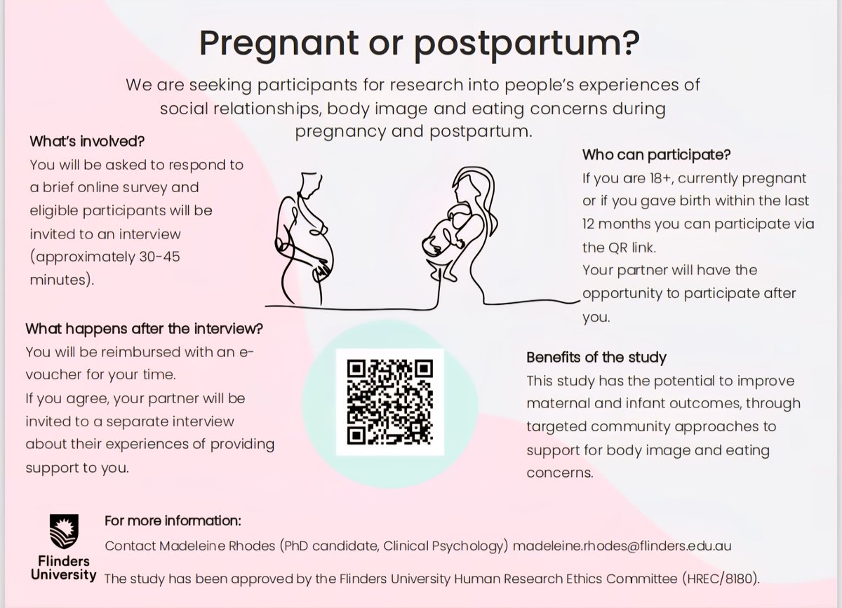 HDA - Healthy Development Adelaide (@hda_sa) on Twitter photo Seeking pregnant and postpartum people to participate in research!
This study will explore adultās experiences of body image and eating concerns during pregnancy and one-year postpartum <a href="/Flinders/">Flinders University</a> š qualtrics.flinders.edu.au/jfe/form/SV_e3⦠Seeking pregnant and postpartum people to participate in research!
This study will explore adultās experiences of body image and eating concerns during pregnancy and one-year postpartum <a href="/Flinders/">Flinders University</a> š qualtrics.flinders.edu.au/jfe/form/SV_e3ā¦