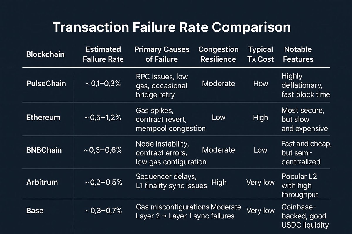 Here is a comparative table of transaction failure rates and  characteristics across major blockchains: PulseChain, Ethereum, BNBChain,  Arbitrum, and Base. At this moment, PulseChain is one of the most resilient  blockchains, with