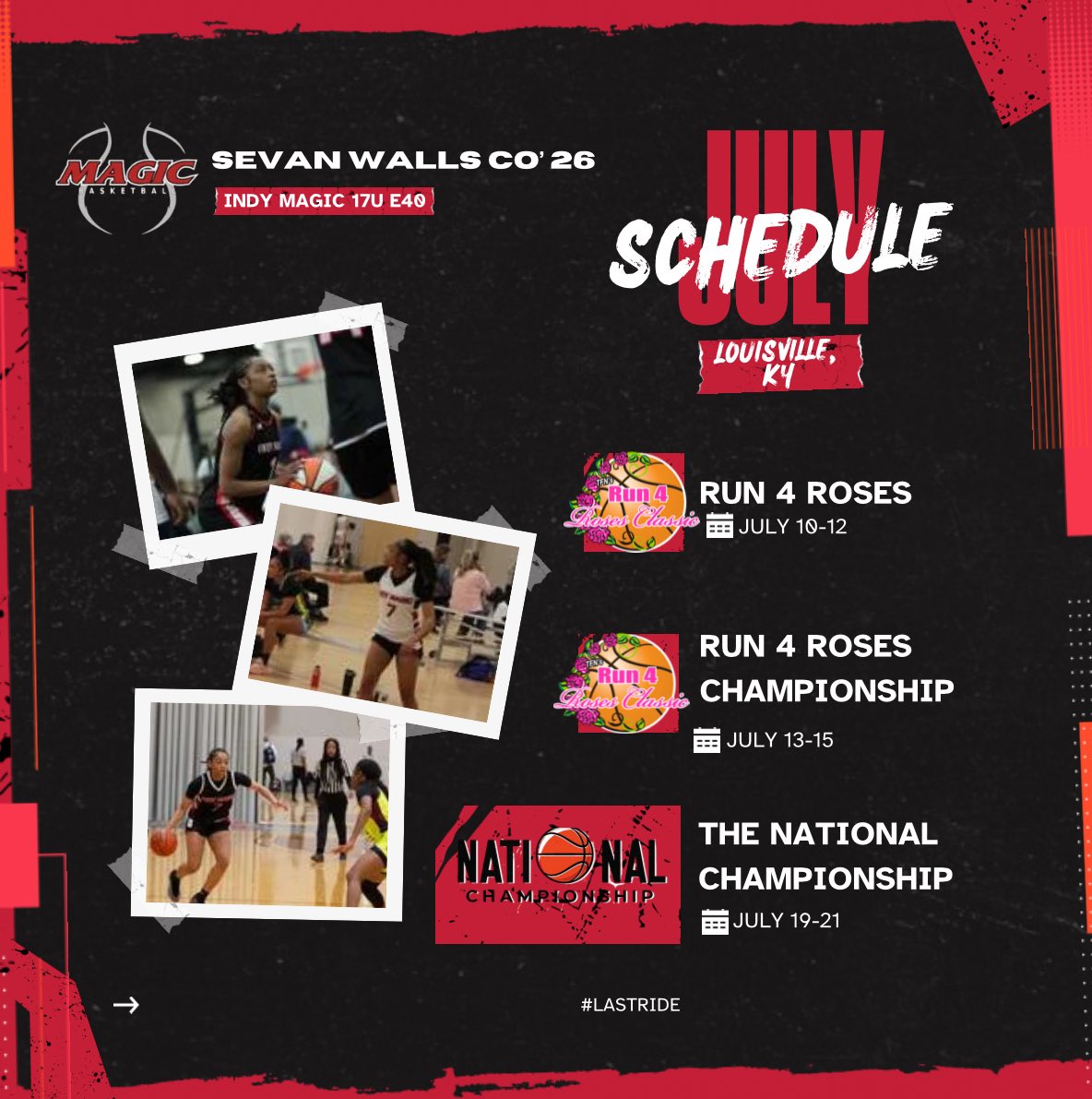 Sevan Walls | 7.Lael (@sevanwalls21) on Twitter photo Here is my AAU schedule for the month of July as we enter the last live period of the summer.! This one is a bittersweet post. #lastride
<a href="/ATTUCKSGBB/">Crispus Attucks High School GBB</a> <a href="/PGHIndiana/">Prep Girls Hoops Indiana</a> <a href="/JrAllStarBB/">Jr. All-Star Girls Basketball</a> <a href="/Coach_KamBanks/">Coach Kam (Kamaren Banks)</a> <a href="/coachbgorman/">Coach Gorman</a> <a href="/GroundUppp3/">Ground ⬆️ Uppp</a> <a href="/Ohio_Basketball/">OhioBasketball.com</a> <a href="/Elite40League/">Elite 40 League</a> <a href="/TFNsRun4Roses/">TFN's Run 4 Roses</a> <a href="/IndyMagic/">IndyMagicB-Ball</a> Here is my AAU schedule for the month of July as we enter the last live period of the summer.! This one is a bittersweet post. #lastride
<a href="/ATTUCKSGBB/">Crispus Attucks High School GBB</a> <a href="/PGHIndiana/">Prep Girls Hoops Indiana</a> <a href="/JrAllStarBB/">Jr. All-Star Girls Basketball</a> <a href="/Coach_KamBanks/">Coach Kam (Kamaren Banks)</a> <a href="/coachbgorman/">Coach Gorman</a> <a href="/GroundUppp3/">Ground ⬆️ Uppp</a> <a href="/Ohio_Basketball/">OhioBasketball.com</a> <a href="/Elite40League/">Elite 40 League</a> <a href="/TFNsRun4Roses/">TFN's Run 4 Roses</a> <a href="/IndyMagic/">IndyMagicB-Ball</a>