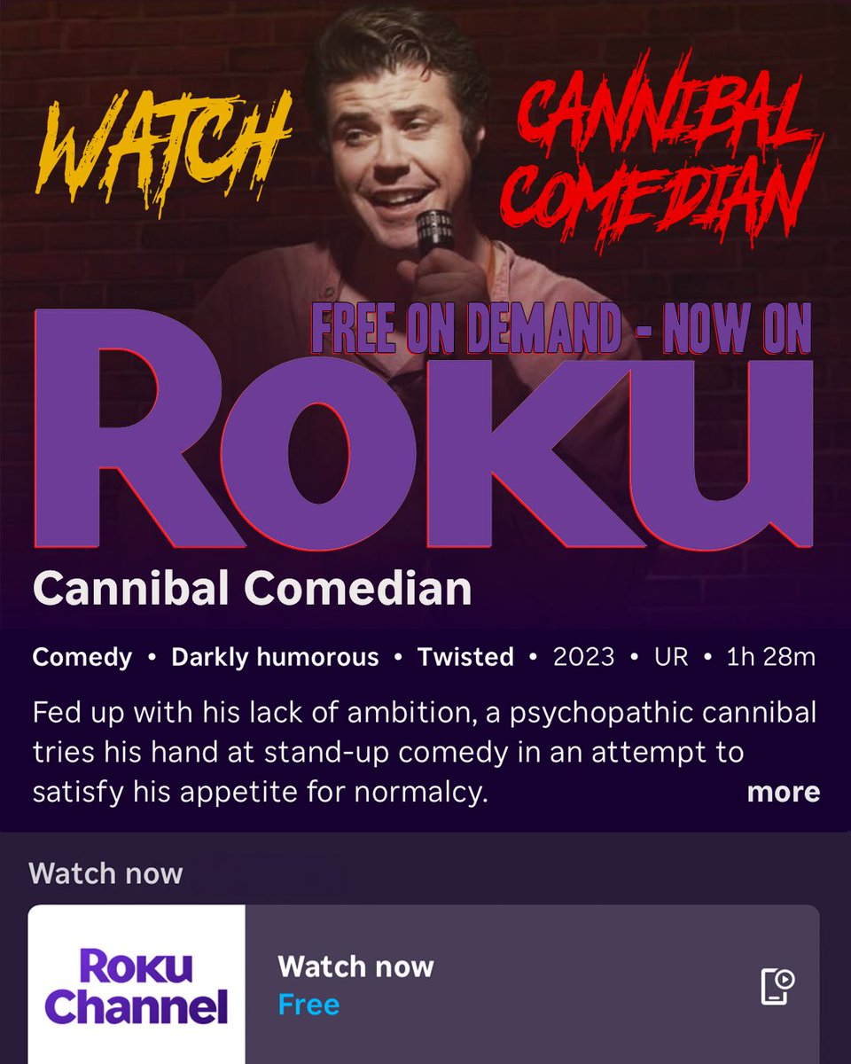 Pink Plaid Productions (@pinkplaid) on Twitter photo Dinner is served for FREE this holiday week w/ Cannibal Comedian hitting <a href="/Roku/">Roku</a> on Demand! 📺 Horror & hilarity are on the menu and we couldnt be more excited for Charlie to reach more audiences with his biting set list on new platforms! <a href="/Cineverse_ent/">Cineverse 🎞️</a> <a href="/TheRokuChannel/">Roku Channel</a> #indiehorror Dinner is served for FREE this holiday week w/ Cannibal Comedian hitting <a href="/Roku/">Roku</a> on Demand! 📺 Horror & hilarity are on the menu and we couldnt be more excited for Charlie to reach more audiences with his biting set list on new platforms! <a href="/Cineverse_ent/">Cineverse 🎞️</a> <a href="/TheRokuChannel/">Roku Channel</a> #indiehorror