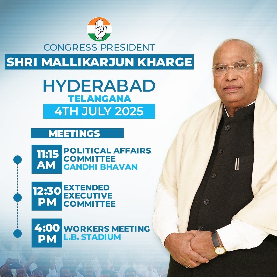 ADiravia's tweet photo. Congress President Shri @kharge is scheduled to attend a meeting today of the Political Affairs Committee, followed by the Extended Executive Committee and Workers' Meeting later in the day.

Stay tuned to our social media handles for live updates. 

📍 Telangana https://t.co/uT09EcWc3K