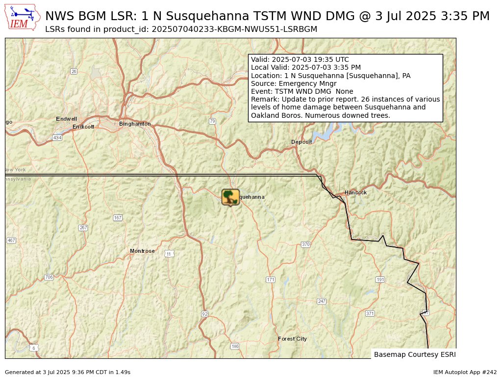 At 3:35 PM EDT, 1 N Susquehanna [Susquehanna Co, PA] Emergency Mngr reports Tstm Wnd Dmg. Update to prior report. 26 instances of various levels of home damage between Susquehanna and Oakland Boros. Numerous downed trees. #pawx mesonet.agron.iastate.edu/lsr/?by=wfo&wf…
