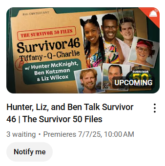 McDonlons's tweet photo. It's a bummer that there's no new episode of The #Survivor50 Files tomorrow due to the holiday, but I can't wait to see Hunter, Liz, and Ben talking about Tiffany, Q, and Charlie on Monday!
#Survivor #Survivor50 #Survivor46 #Survivor45 #RHAP #RobHasAPodcast @RobHasApodcast https://t.co/yehmPHcb7m