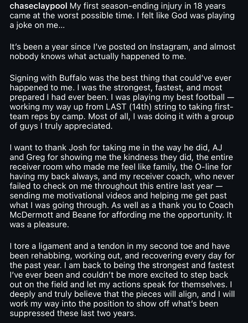 John Sparaco (@johnsparaco) on Twitter photo The caption under Chase Claypool's latest IG post is a must-read for all Bills fans (and NFL free agents).
Yet another example of the strong culture in Buffalo.
Wishing Claypool nothing but the best moving forward 🫡 #BillsMafia The caption under Chase Claypool's latest IG post is a must-read for all Bills fans (and NFL free agents).
Yet another example of the strong culture in Buffalo.
Wishing Claypool nothing but the best moving forward 🫡 #BillsMafia