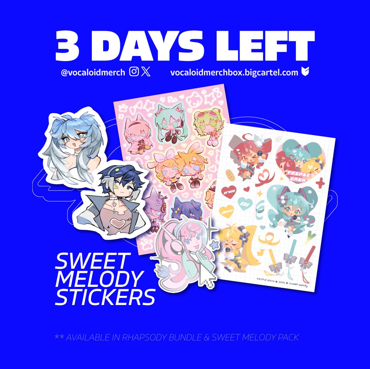 vocaloidmerch's tweet image. βΆ 3 DAYS LEFT | SM STICKERS βΆ
These cute stickers by @sanabwun @catterole @sazhimii and @Myun_art are sure to stick with your heart!
π INTERNATIONAL: vocaloidmerchbox.bigcartel.com
π UK/EU: rhapsodymerchbox.etsy.com