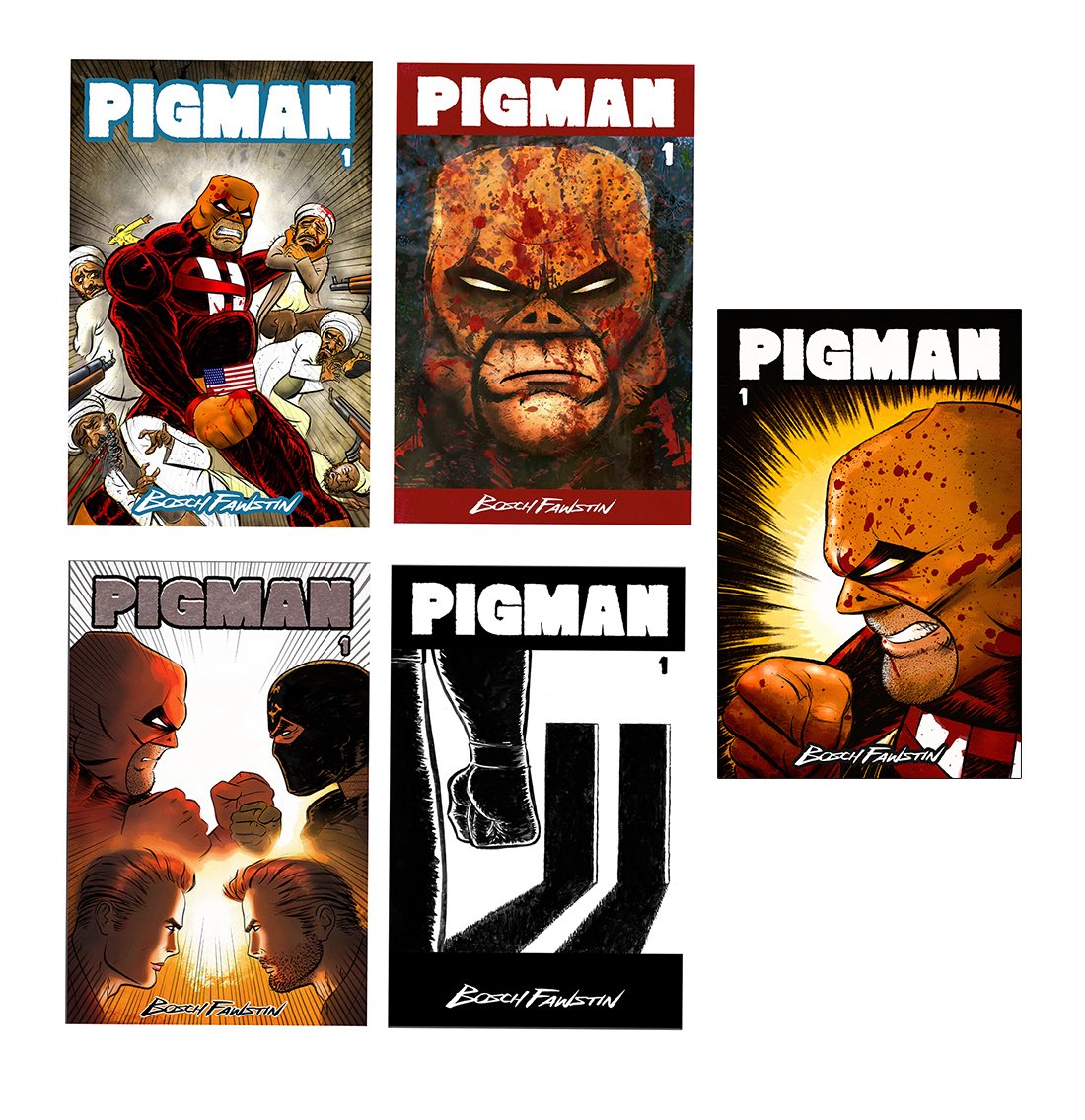 My 5 covers for my PIGMAN #1 crowdfund campaign. Take a look at my campaign video, my 9 page preview and my rewards, and consider backing it at Fund My Comic fundmycomic.com/campaign/664/p…