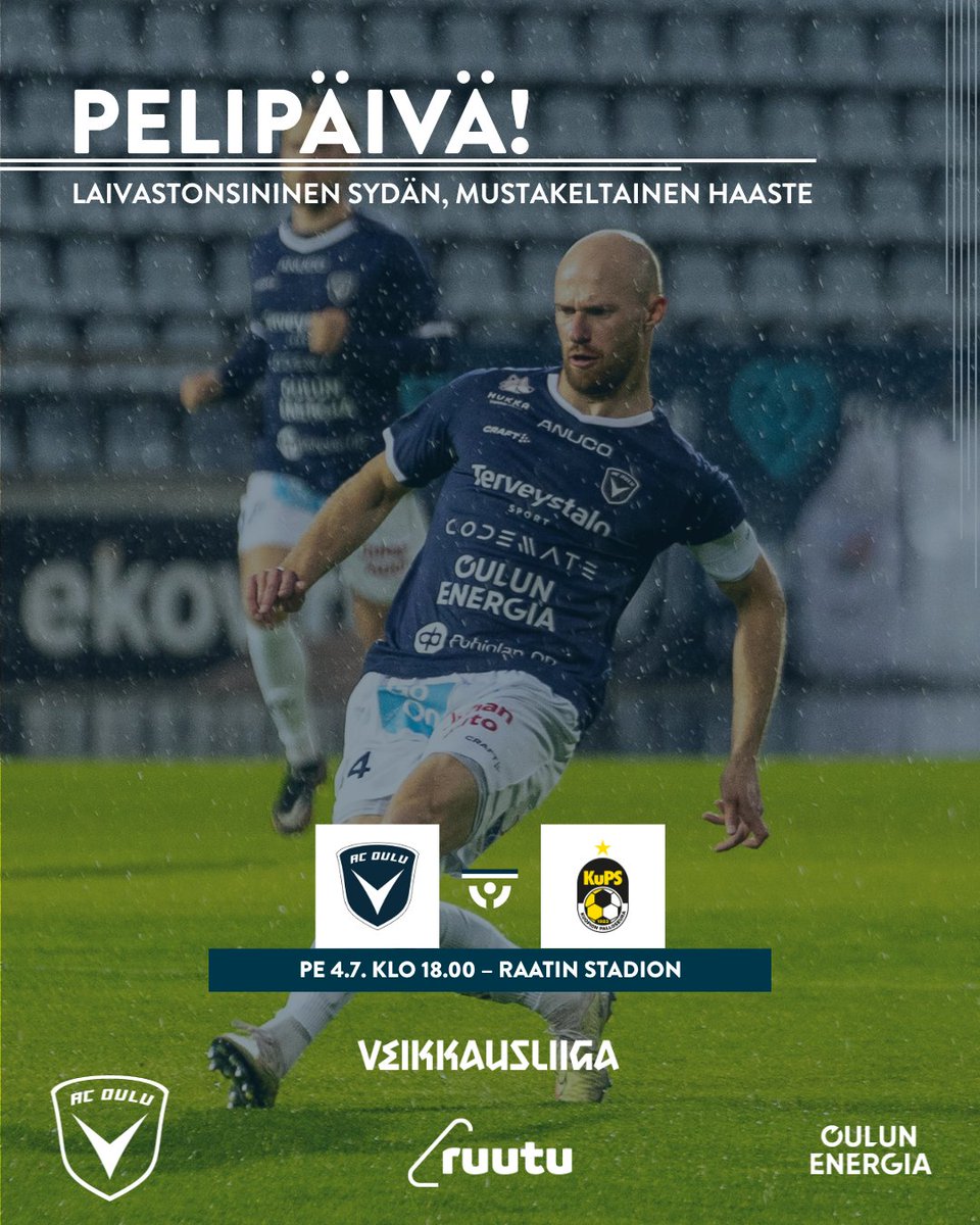 ⚽️KOTIPELI!!

Tänään kaadetaan KuPS Raatissa! Tule kannustamaan AC Oulu voittoon!

Lue Fotonordic-otteluennakko:
acoulu.fi/ennakot/fotono…

⚽AC Oulu – Kups
⏰18.00
📍Raatin Stadion

#ACOulu
#Oulu
#Laivastonsiniset
#Veikkausliiga
#OulunEnergia
#OuluOnLaivastonsininen