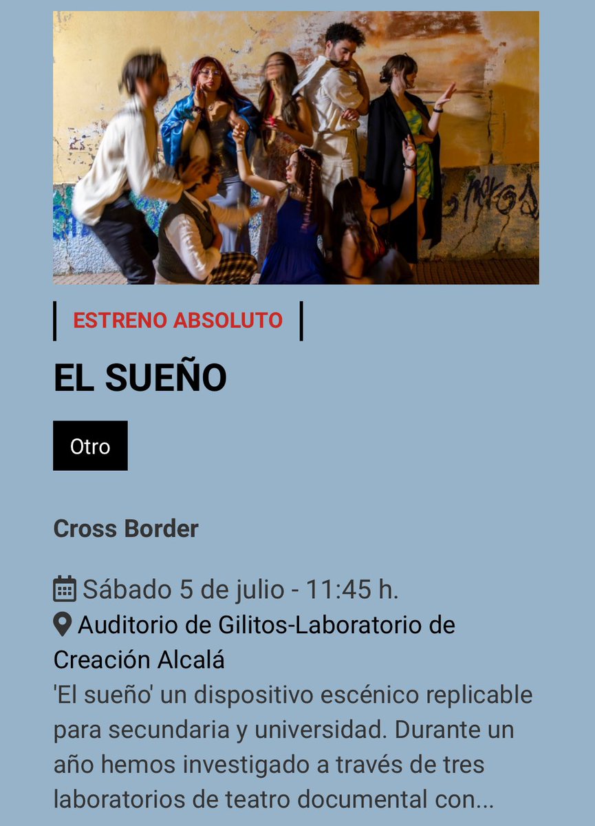 Cross Border Project (@crossborderproj) on Twitter photo Ya estamos con #ElSueñodeAlcalá
“El sueño” es un espectáculo, pero también es un proceso de mediación artística, y una herramienta educativa para el profesorado que desee replicarlo.
Podréis verlo este sábado en <a href="/clasicosalcala/">Clásicos en Alcalá</a> 🩵
Más info; clasicosenalcala.net/2025/obras/145… Ya estamos con #ElSueñodeAlcalá
“El sueño” es un espectáculo, pero también es un proceso de mediación artística, y una herramienta educativa para el profesorado que desee replicarlo.
Podréis verlo este sábado en <a href="/clasicosalcala/">Clásicos en Alcalá</a> 🩵
Más info; clasicosenalcala.net/2025/obras/145…