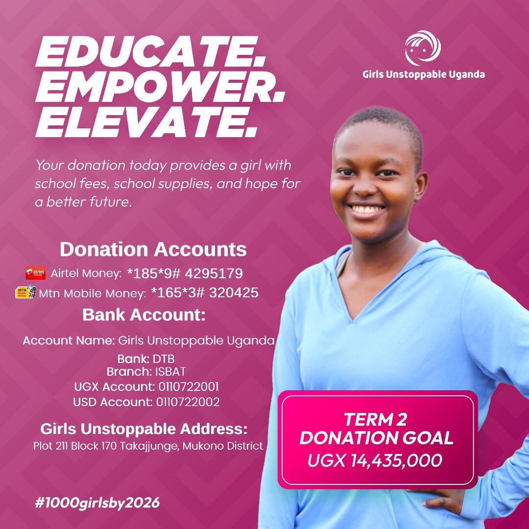Transform Lives Through Giving ❤️

As we progress through the week, let us remember the impact of our support. Each contribution enables a girl to stay in school and flourish.

Together, we can reach our UGX 14,435,000 Term 2 goal. 💪🏽
#EmpoweringGirlsForImpact #1000GirlsBy2026