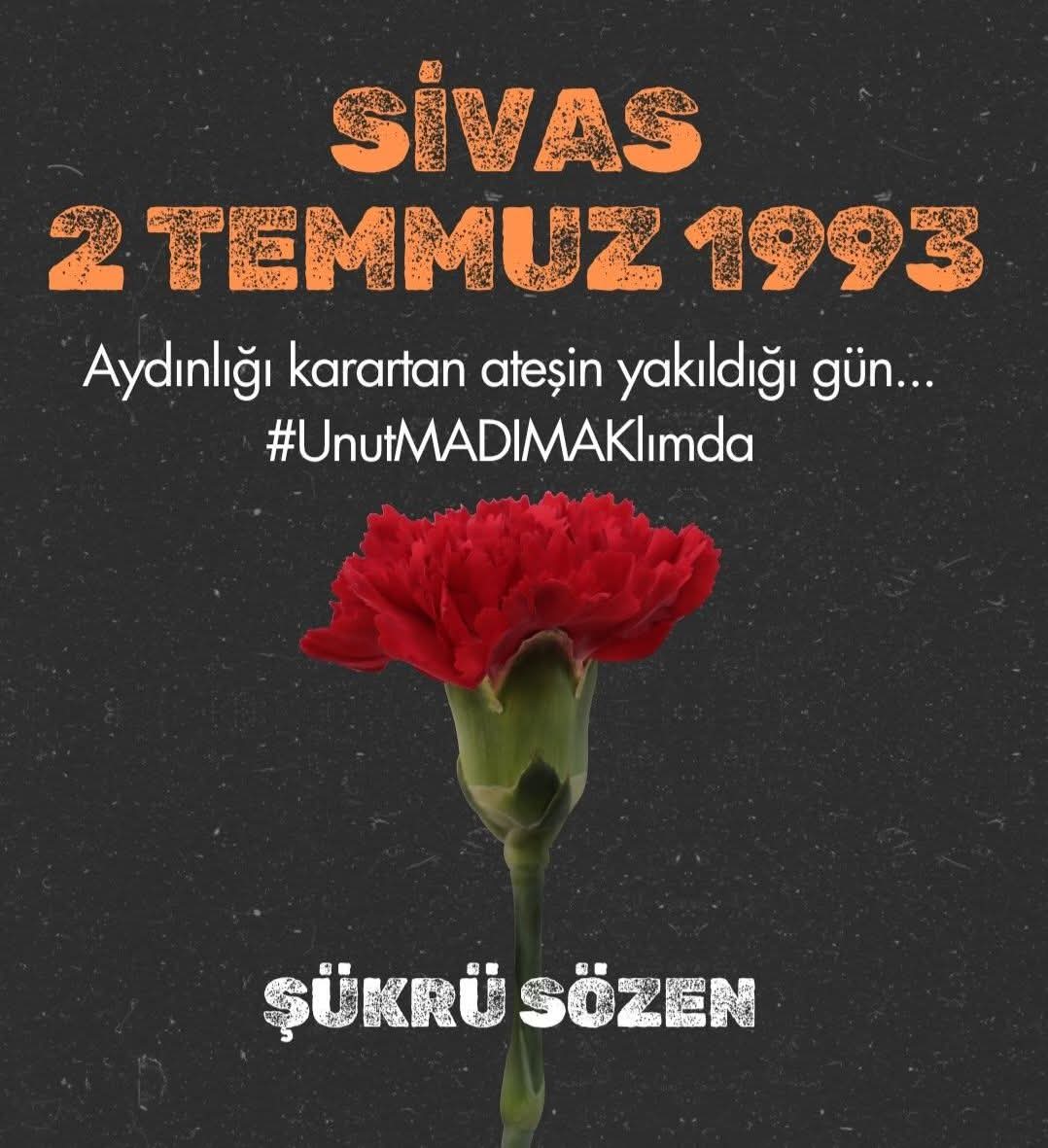 Aydın, yazar ve sanatçıların katledilmediği, düşüncelerinden dolayı insanların öldürülmediği bir Türkiye dileklerimle, Sivas Madımak Oteli’nde yakılarak öldürülen aydın, yazar ve sanatçılarımızı katledilişlerinin yıldönümünde saygı ve rahmetle anıyorum. #unutMADIMAKlımda