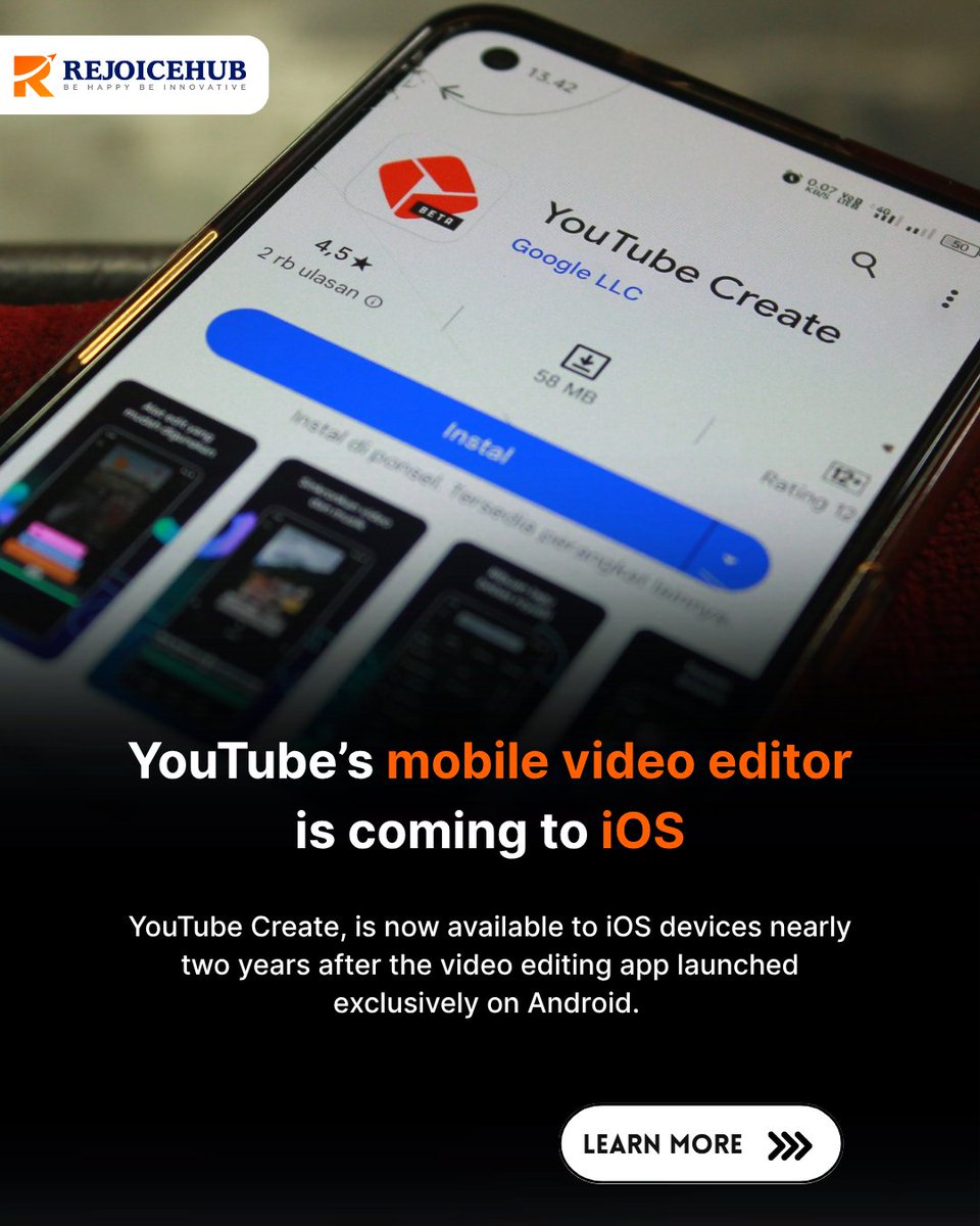Rejoicehub's tweet image. YouTube’s mobile video editor YouTube Create is now on iOS📱
.
Free tools for Shorts &amp;amp; long videos 🚀
.
Offering free tools like stickers &amp;amp; effects, it still lags behind CapCut and InShot.
.
#youtubecreate #iosupdate #mobileediting #videoeditor #capcut #inshot #technews