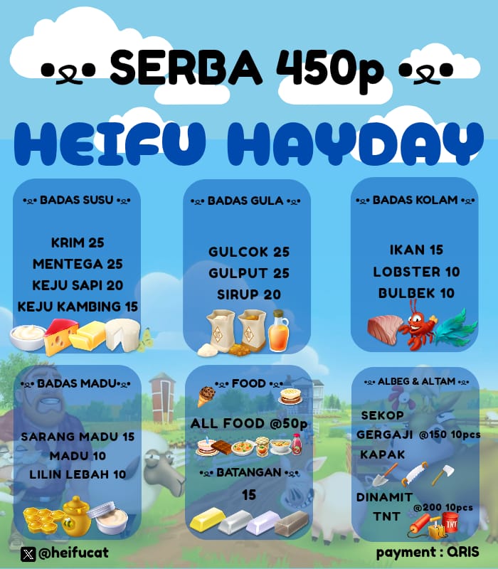 Yang mau cari item HAYDAY bisa langsung kepoin sini ya <a href="/heifucat/">𝗵𝗲𝗶𝗳𝘂 •ﻌ• 𝗳𝗮𝘀𝘁 𝗿𝗲𝘀𝗽 𝗼𝗻 𝗪𝗔 🐔</a> 
Jaminan Trusted, amanah ✨️
