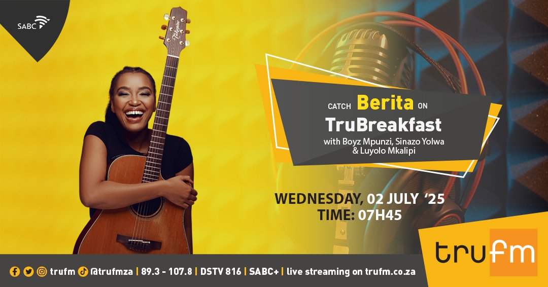 trufm (@trufm) on Twitter photo This morning on #truBreakfast, we chat with <a href="/BeritaAfroSoul/">Berita</a>. She has a new song titled 'Gugulethu'. Ungaphoswa at 7h45!
<a href="/BoyzMpunzi/">Radio Guy</a>, <a href="/SinazoYolwa/">𝒟𝑜𝓂𝓂𝑒 𝒫𝑒𝓇𝒾𝑔𝓃𝑜𝓃</a>, <a href="/mkalipi_luyolo/">Luyolo Mkalipi</a> This morning on #truBreakfast, we chat with <a href="/BeritaAfroSoul/">Berita</a>. She has a new song titled 'Gugulethu'. Ungaphoswa at 7h45!
<a href="/BoyzMpunzi/">Radio Guy</a>, <a href="/SinazoYolwa/">𝒟𝑜𝓂𝓂𝑒 𝒫𝑒𝓇𝒾𝑔𝓃𝑜𝓃</a>, <a href="/mkalipi_luyolo/">Luyolo Mkalipi</a>