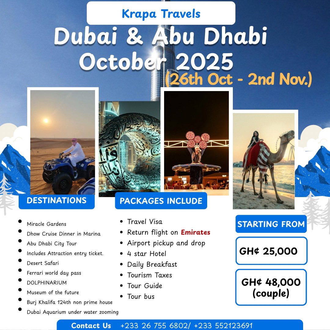 Thejapheth's tweet photo. @ForTheRecordsGh @KDagbon Join us for an unforgettable tour from 26th October to 2nd November 2025 and experience the stunning beauty of Dubai and Abu Dhabi. 

Yes, you heard it right, we are flying on Emirates. Come and have a feel of premium services in the sky✈️🌌.

Call or WhatsApp us on 0267556802. https://t.co/NnLMd0xrmN