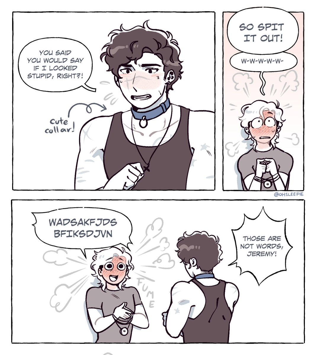 ohsleepie's tweet image. [Jerejean] I love drawing them cartoonishly embarrassed. Also jean in a collar won&apos;t leave my brain so🧍🏾‍♂️
#aftg #tsc