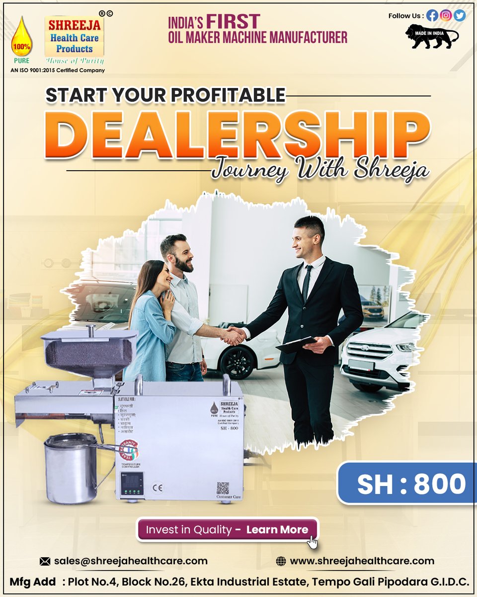 shreejahealth's tweet image. Start Your Profitable Dealership Journey with Shreeja!
Partner with India’s First Oil Maker Machine Manufacturer and Grow your Business with a Trusted Brand.
#shreejahealthcare #oilmakermachine #dealershipopportunity #becomeadealer #businessgrowth #makeinindia #pureoilextraction
