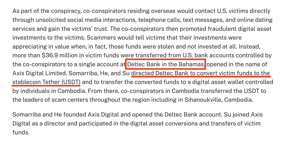 Cryptadamist's tweet photo. who would have guessed that a nice bahamian financial institution like #Deltec would ever be involved in helping pig butchering fraudsters automatically convert their ill gotten gains directly into the hardest money in the world, United States Dollar #Tether? #DeltecBank https://t.co/1FNtDXYQid