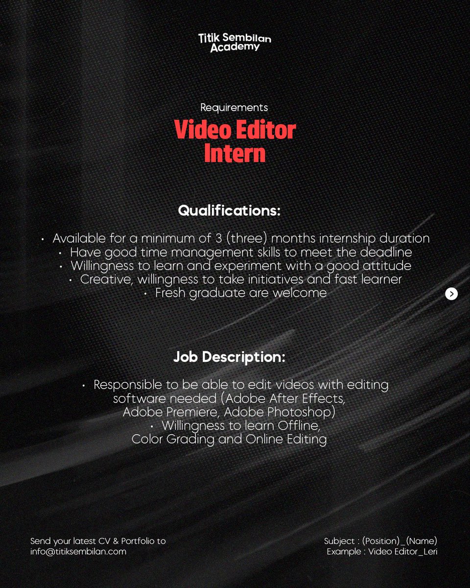 alifxf's tweet photo. Siapa tau ada yang lagi cari tempat magang di production house, bisa langsung apply program magang Titik Sembilan @hrdbacot #lokercot https://t.co/jVvXxfCpvX