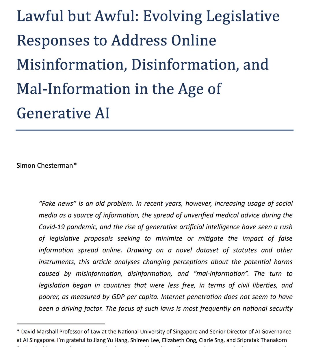 gvrkiran's tweet image. This paper shows that the legislative pendulum swinging sharply: once confined to authoritarian regimes, “lawful but awful” speech laws are now accelerating in liberal democracies. The debate has shifted from if to how to govern AI-age misinformation.
arxiv.org/abs/2505.15067
