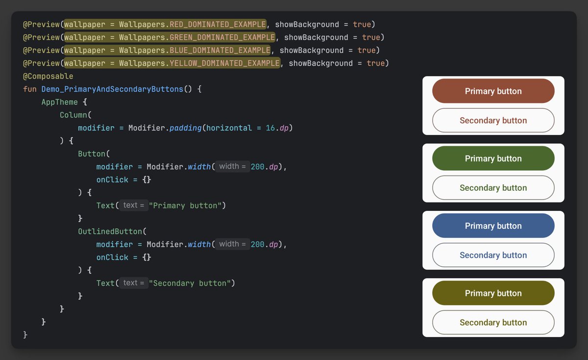 Want to see how your UI adapts to different wallpapers?

You can preview dynamic colors directly in Android Studio using the "wallpaper" parameter for preview annotation.

Does your app support dynamic colors?