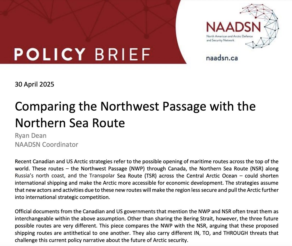 We're thinking about the #NorthwestPassage and the #NorthernSeaRoute this summer, but according to Ryan Dean, these proposed shipping routes are antithetical to one another. Read more below:

naadsn.ca/wp-content/upl…