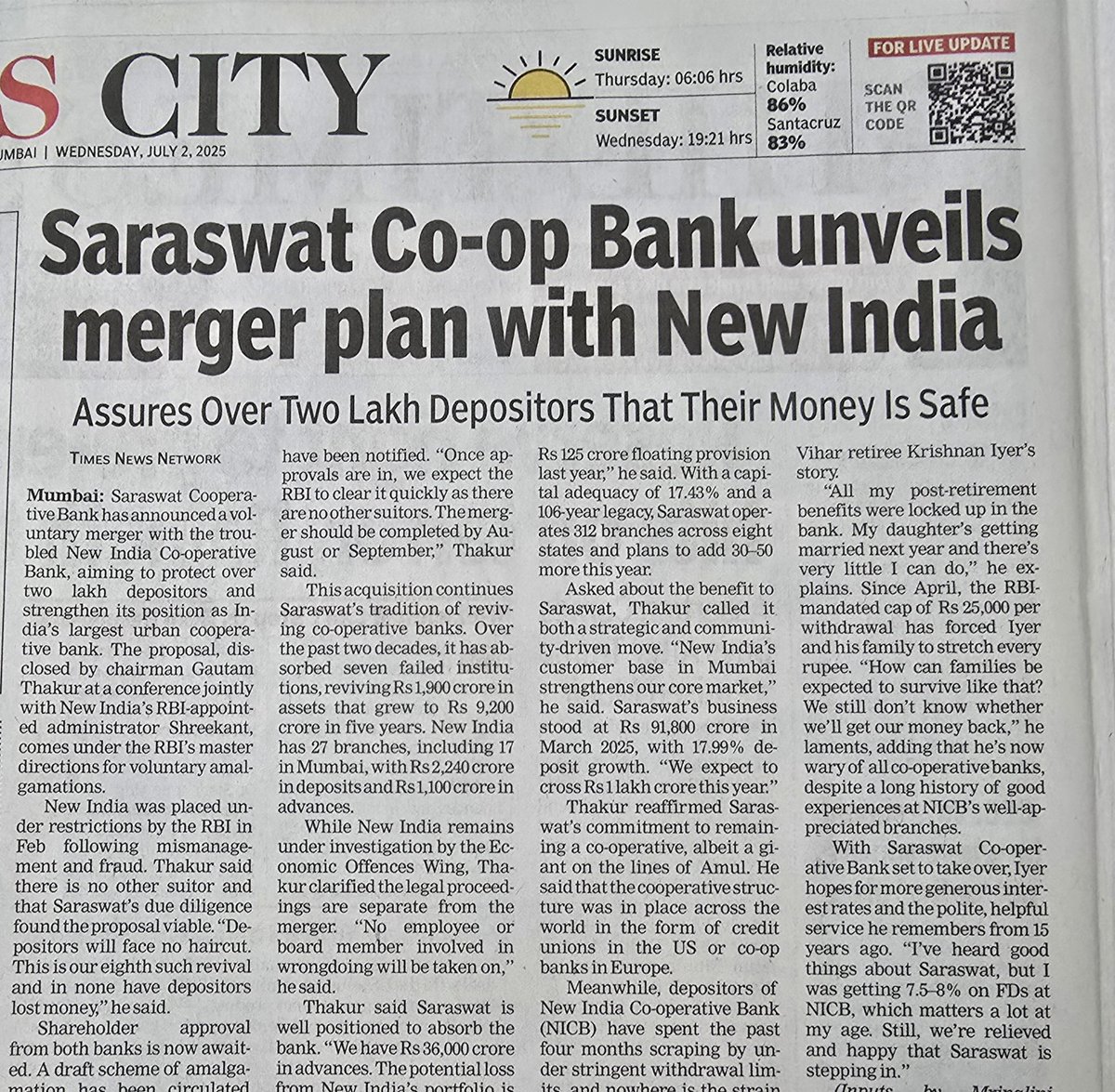 Bharat Soni (@bharatjsoni) on Twitter photo 👏 Compliments to <a href="/SaraswatBank/">Saraswat Bank</a> Saraswat Co-op Bank for stepping in to merge New India Co-op Bank, protecting over 2 lakh depositors whose future was hanging due to mismanagement & fraud by New India Co-op Bank.
Our Indian banking system is robust & second to none globally. 👏 Compliments to <a href="/SaraswatBank/">Saraswat Bank</a> Saraswat Co-op Bank for stepping in to merge New India Co-op Bank, protecting over 2 lakh depositors whose future was hanging due to mismanagement & fraud by New India Co-op Bank.
Our Indian banking system is robust & second to none globally.